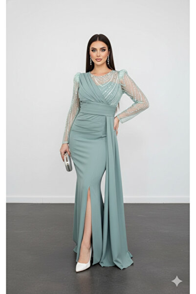 CAREZZA Elysia - Drapeli Taş İşlemeli Abiye - Turkuaz