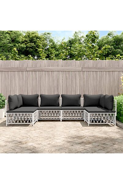 vidaxl طقم صالة حديقة مكون من 6 قطع مع وسائد من الفولاذ الأبيض