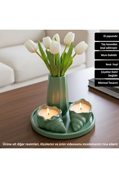 Nigistore 4 Parça Yeşil Set - Istiridye Mumlu, Vazolu, Yuvarlak Tepsili (ÇİÇEK DAHİL DEĞİLDİR)