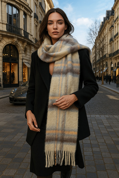 Luminos Butik Γυναικείο μπεζ καρό μοτίβο κασκόλ-σάλι SAL1297