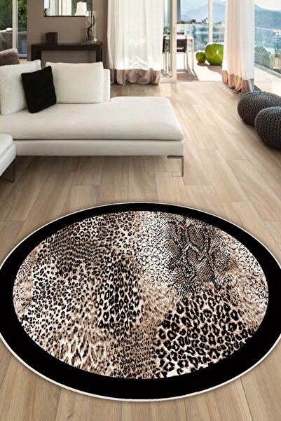 MUA HOME DECOR Yuvarlak Leopar Desen Dijital Baskı Yıkanabilir Kaymaz Taban S...