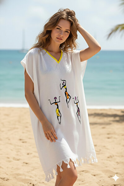Class Plaj Elbisesi Viskon / Pamuk Sarı Biyeli Africa Desen L- XL