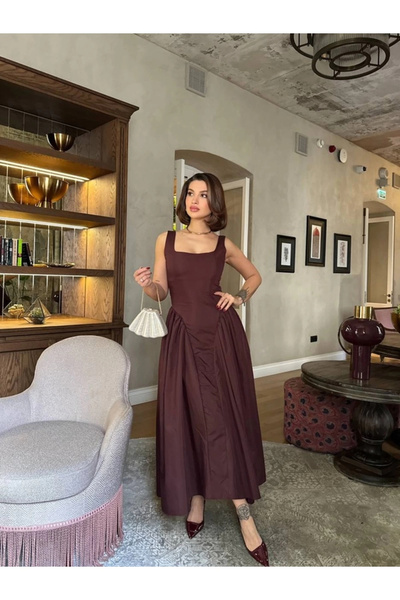 VİSKALİ Kadın Kalın Askılı Kuşak Detaylı Kahverengi Poplin Elbise