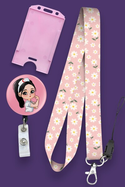 MİLLENEX Pembe Çiçekler Boyun Askı İpi Doktor Hemşire 3l ü Set Boyun İpi Yoyo...