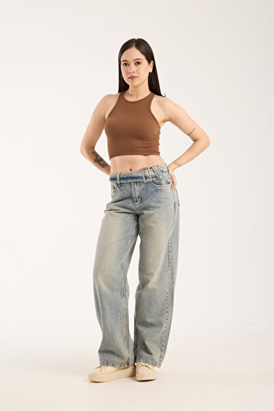 REDZARRAM Stylish Women's Trousers with Dusty Blue Buckle Straight-Leg Long P...