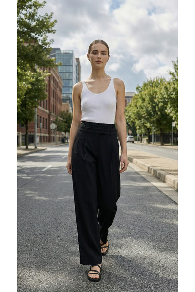 Amia&Co. Siyah Çift Bel Detaylı Kumaş Kadın Pantolon