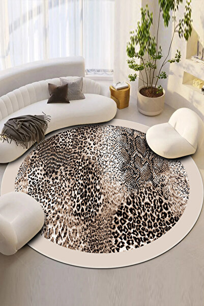MUA HOME DECOR Yuvarlak Leopar  Dijital Baskı Yıkanabilir Kaymaz Taban Salon ...
