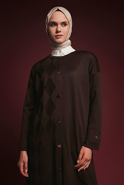 Armine Buttoned Diamond Patterned Long Knitwear Cardigan