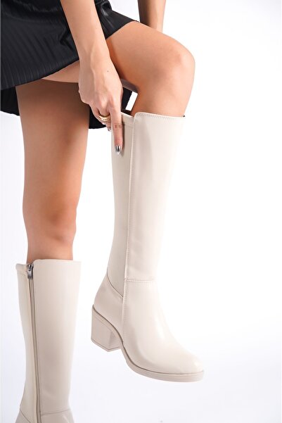Limeo Cream Leather Look Back Stretch Flexible Thick Medium High Heel Zippered Long Boots