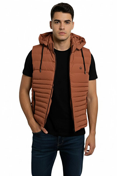 THE WOOW Men's Hooded Brown Puffer Vest - Zipper Closure, Pockets
