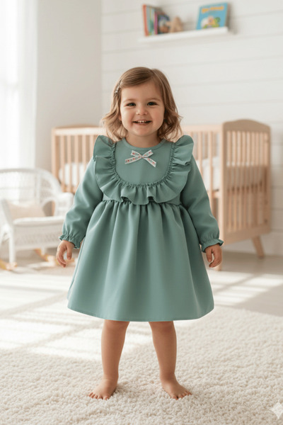 Bertuğ Bebek Mint Yeşili Fırfır Ve Dantel Detaylı Vintage Krep Tasarım Kız Ço...