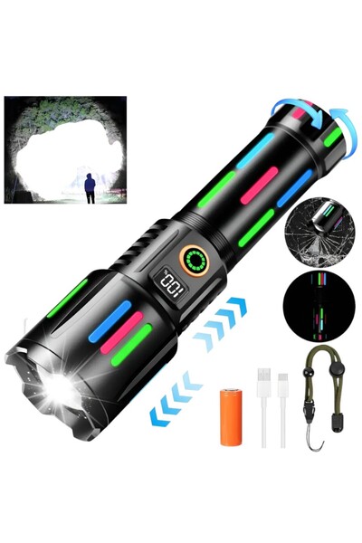 Denx مصابيح يدوية قابلة لإعادة الشحن من Bastec، عالية اللومن، مصابيح تكتيكية، بطارية 26650 لومن، إضاءة فائقة السطوع