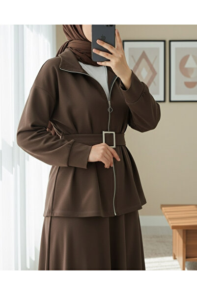 Modamorfo Combed Cotton Suit with Pleated Waist, Front Zipper and Belted Skirt - K. Brown