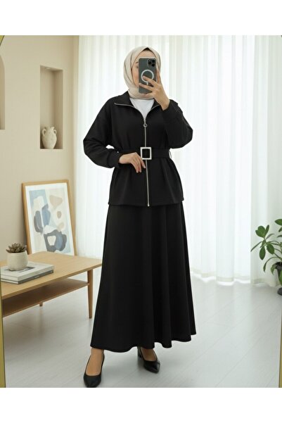 Modamorfo Combed Cotton Suit with Folded Waist, Front Zipper and Belted Skirt - Black