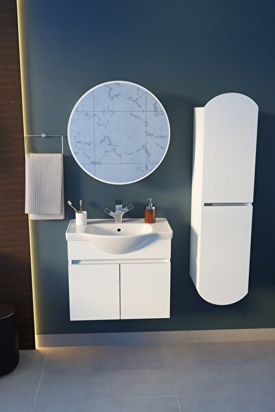 makbulce Erciyes Havlu Dolaplı 65cm Seramik Lavabolu MDF Oval Aynalı Banyo Dolabı-Beyaz