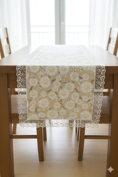 Rona Home Daisy Patterned Guipure Runner White with Thin Edging – Stylish Table Decor Bridal House Dowry Table Runner