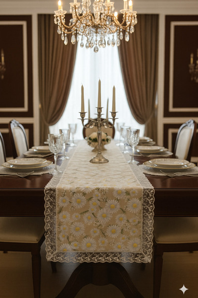 Rona Home Daisy Patterned Guipure Runner White with Thin Edging – Stylish Table Decor Bridal House Dowry Table Runner