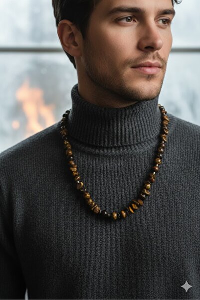 magıcgrange Erkek Kaplan Gözü Kolye - Doğal cesaret , Öncü Alfa Karakter mode...