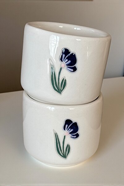 YUUGI CERAMIC Floral Patterned Double Turkish Coffee and Espresso Cup - 110 m...