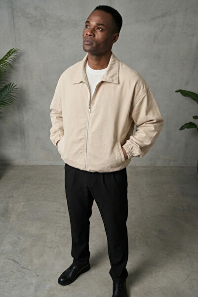 freemen Men's Basic Gabardine Fabric Zippered Oversized Transitional Polo Collar Beige Jacket