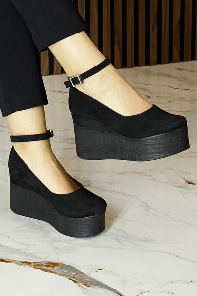 Erkan Saçmacı Tushar Black Suede Round Toe Strappy Hidden Wedge Heeled Casual Shoes