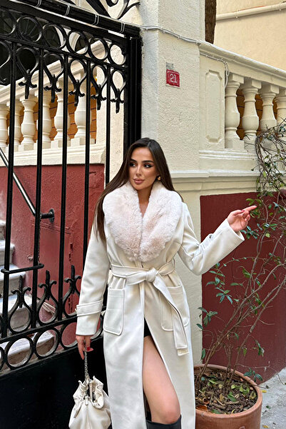 Neşeli Butik γυναικείο παλτό με λεπτομέρεια τσέπης, γούνινο γιακά με ζώνη, παλτό κασετίνας πλήρους μήκους NBSTR1003