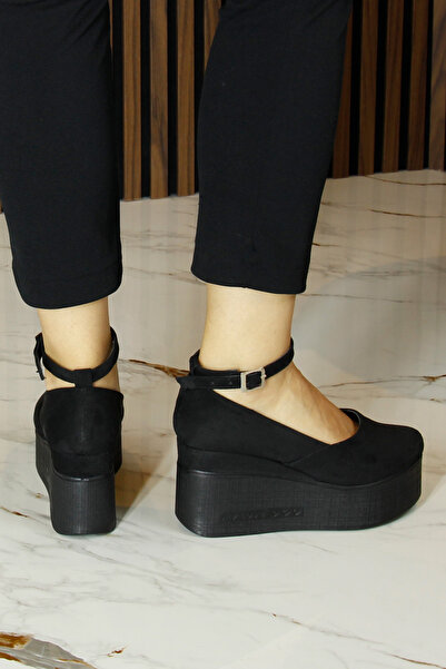 Erkan Saçmacı Tushar Black Suede Round Toe Strappy Hidden Wedge Heeled Casual Shoes