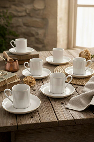 Kitchen Life Özel Tasarım Porselen Altın 12 Parça 6 Kişilik Çizgili Kahve Fincan Takımı 100 ml - Kahve Fincanı