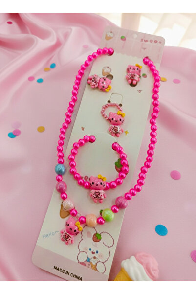 GÜLPEŞE Boncuklu Kolye Küpe Bileklik Seti Lastikli Hello Kitty