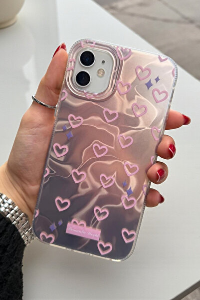 KVK PRİVACY Apple iPhone 12 / 12 Pro Uyumlu Hologram Pembe Kalp Desenli Silik...