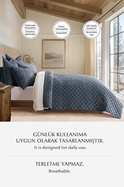 Evlen Home Collection Double Velvet Bed Cover Set - Supersoft Quilted, 3 Pieces, Soft Fiber Filled Gray