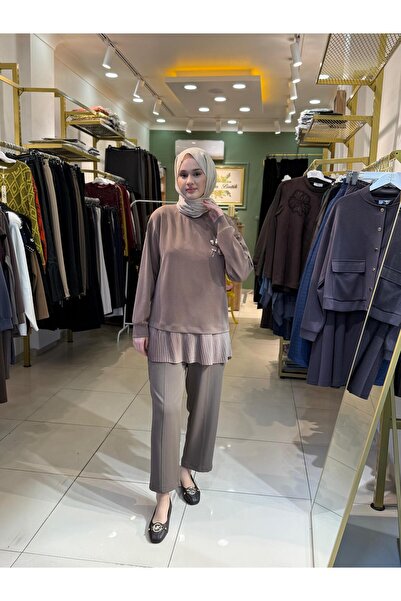 Sentez Elegance Beli Lastikli Dar Paça Pantolon vizon