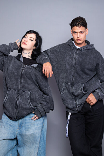 Sokak Butik Fermoar basic Zip cu glugă Unisex Lavabil Negru Swea tricou