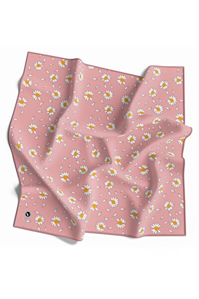 VİOLLA Twill Papatya Desenli Pudra Renkli 90x90 Eşarp (İpek İçermez) Kenar Di...