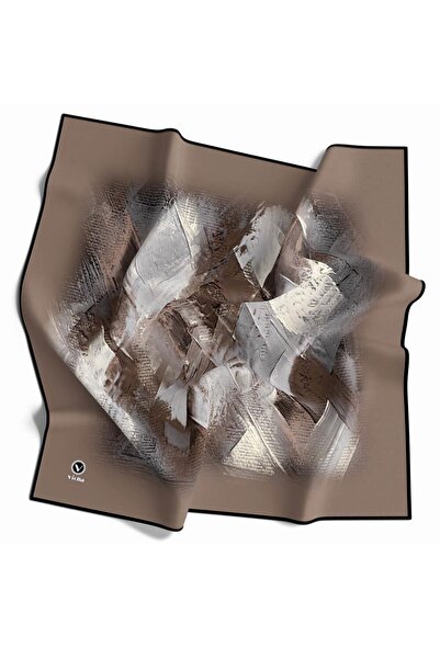 VİOLLA Twill Fırça Efektli Desenli Vizon Renkli 90x90 Eşarp (İpek İçermez) Kenar Dikiş Şekli El Dikişli