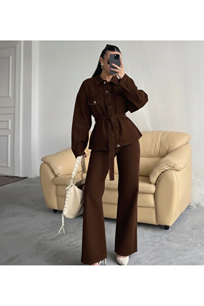 MoonliWear Tied Oversized Denim Belted Jacket Pants Set New