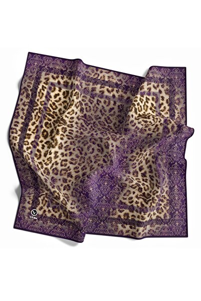 VİOLLA Twill Leopar Desenli Mor Renkli 90x90 Eşarp (İpek İçermez) Kenar Dikiş...