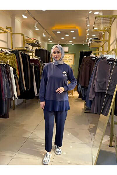 Sentez بنطلون أنيق ذو خصر مطاطي وساق ضيقة باللون الأزرق الداكن