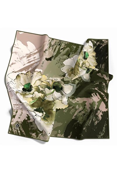 VİOLLA Eșarfă twill cu model floral, culoare kaki, 90x90 (nu conține mătase)....