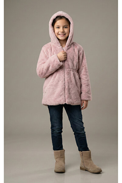 Pampal Kız Çocuk Beli Lastikli Kapüşonlu Astarlı Peluş Mont