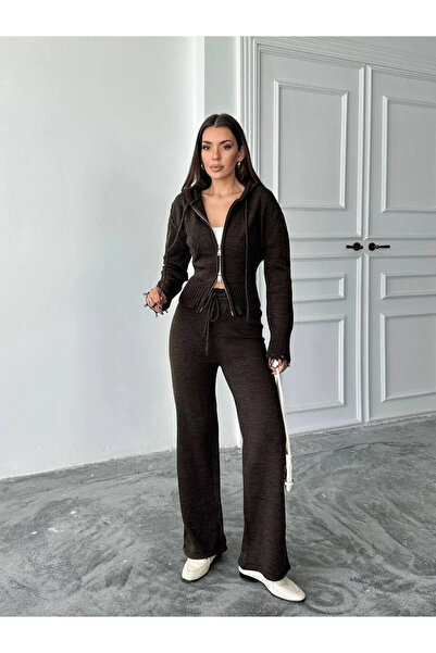 Diemmood طقم بدلة رياضية نسائية من التريكو بسحاب - خصر عالي، أرجل واسعة، تصمي...