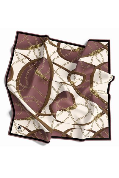 VİOLLA Twill Kemer ve Zincir Desenli Gül Kurusu Renkli 90x90 Eşarp (İpek İçer...