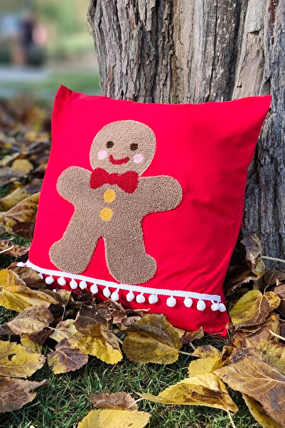 Sevim Husă pentru pernă cu pompon brodat cu tematică de Anul Nou - Cookie Man - 43x43 cm