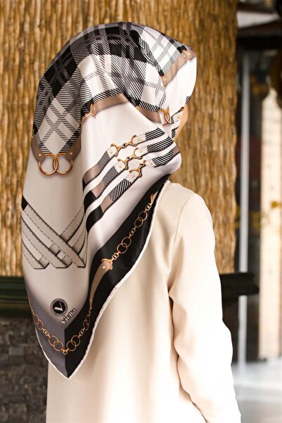 VİOLLA Twill Ekoseli Ve Zincir Desenli Gri Renkli 90x90 Eşarp (İpek İçermez) ...