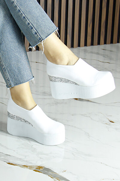 Erkan Saçmacı Lumi White Vegan Round Toe Stone Hidden Wedge Heeled Casual Shoes