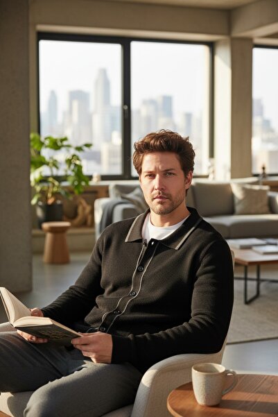 Frappoli Loix Men's Black Cotton Blend Thessaloniki Knitted Cardigan with Pocket Pockets