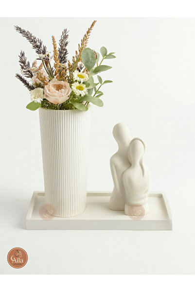 Aila Dekoratif 3'lü Set - Romantik Çift Biblosu, Çizgili Silindir Vazo ve Dik...