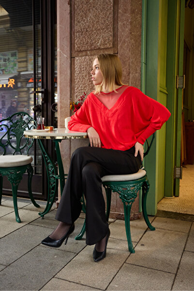 sumoda Tulle Detail on the Collar Front and Back V-Neck Mercerized Knitwear Women's Sweater