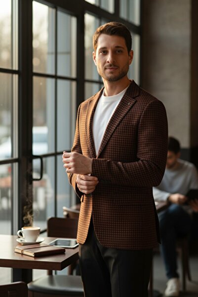 Frappoli Ανδρικό παλτό Parcessi σε καφέ μοτίβο Houndstooth Slim Fit Slim Fit που δεν ελαστεί από ύφασμα