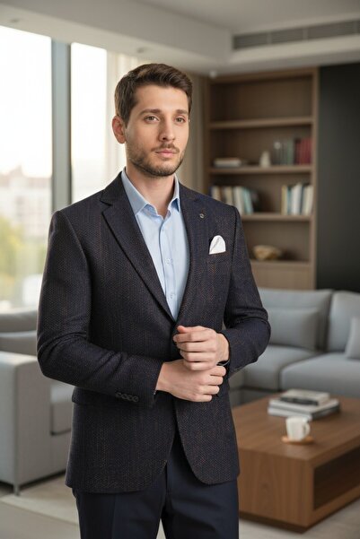 Frappoli Борис Чоловічий Синьо-коричневий візерунок Моно комір Товстий Slim Fit Вузький крій Блейзер